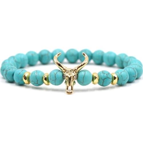 FYJS Unique Light Yellow Gold Color Ox Head Connect 8 mm Green Turquoises Stone Round Beads Bracelet Fashion Jewelry