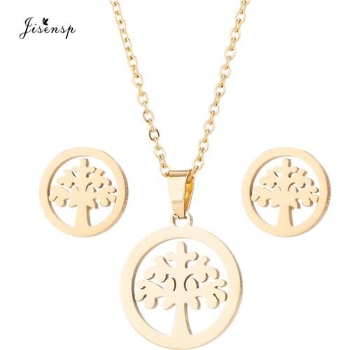 Jisensp Vintage Life Tree Stainless Steel Jewelry Sets for Women Simple Fashion Hollow Trees Long Chain Necklace Earrings bijoux