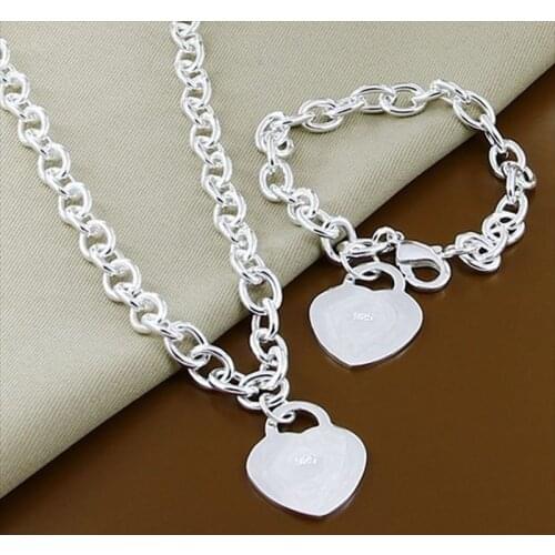 High Quality Jewelry Set 925 Sterling Silver Classic Heart Necklace Bracelet Set For Women Men Christmas Gift