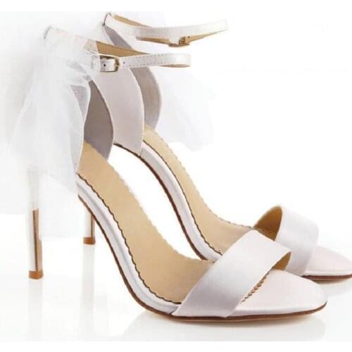 Summer new style mesh bow stiletto high-heeled white bride wedding shoes banquet dress custom-made large size female sandals