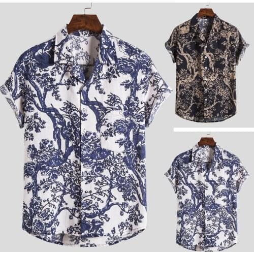 Fashion Mens Hawaiian Beach Shirts Cotton-linen Summer Short Sleeve Floral Print Tropical Aloha Shirts Holiday Vacation Clothing