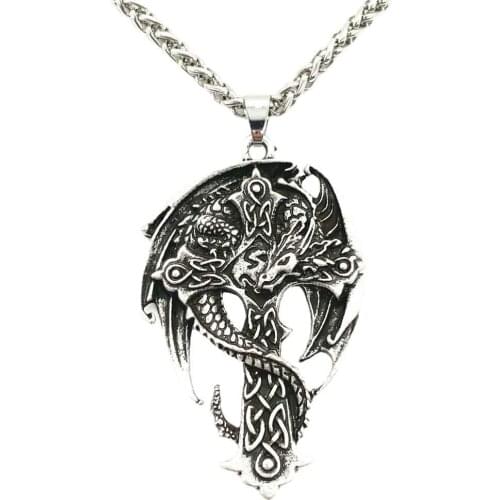 Gothic Dragon With Irish Knots Cross Pendant Necklace Men Viking Amulet Pagan Animal Jewelry