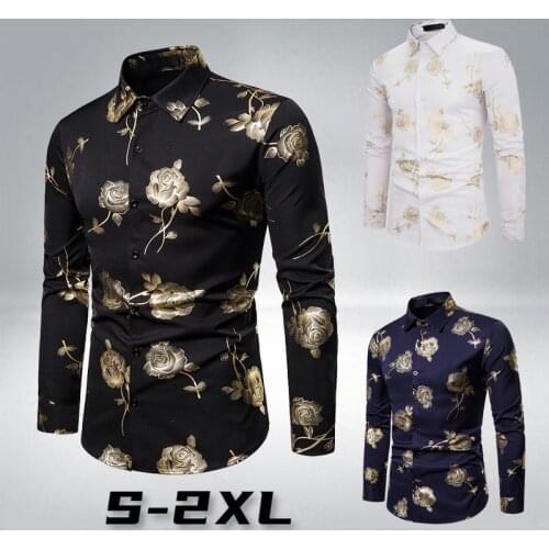 New Men Hipster Luxury gold Rose Bronzing Printed Long Sleeve Dress Shirt wedding Night club Hip hop party Slim Shirts