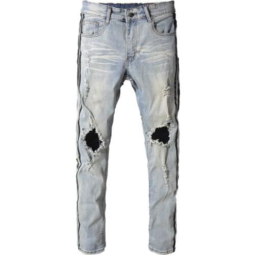 New mens male trousers Summer slim fit jeans knee holes beggar denim pants light-colored social guy pants