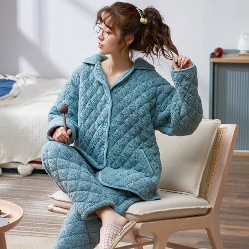 Coral Velvet Pajamas Female Winter Thickened Velvet Padded plus Cotton Three-Layer Quilted Jacket Clothing Autumn and Winter Day