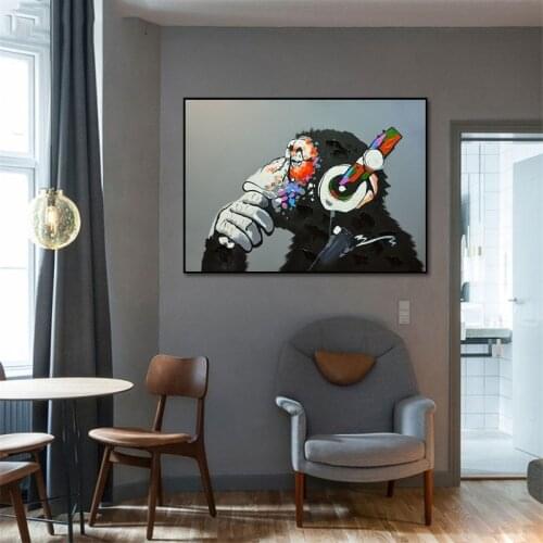 Nordic Fashion Animal Poster Gorilla Wearing Headphones Canvas Painting Posters and Prints Wall Art Living Room Home Decoration