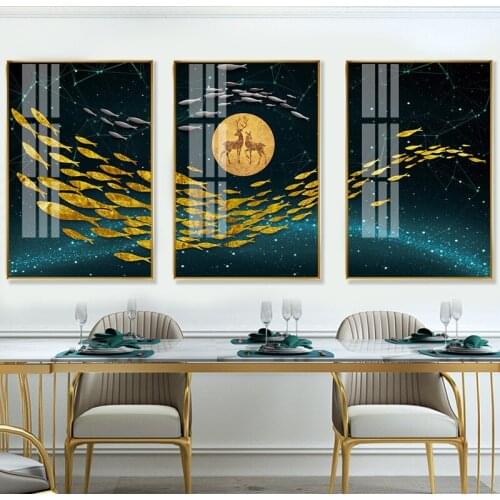 Nordic Modern Golden Abstract Moon Fish Deer Animal Canvas Painting Poster and Print Decoration Wall Pictures For Living Room