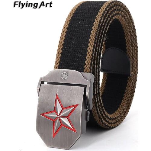 Men&Women Fashion thick Canvas Belt Red five-pointed star Automatic buckle Tactical Military Canvas Trendy Metal Buckle Belt