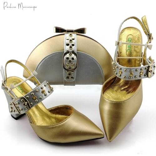 Special Design 2020 Summer Shoes and Bag Set in Golden Color High Quality Italian Lady Shoes Matching Bag for Garden Party