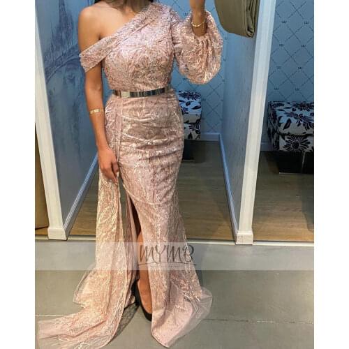 Sparkling Exclusive Dubai Pink Couture Formal Wedding Gowns One Off Shoulder Embrioderied Pleated Evening Wear Party Side Skirt