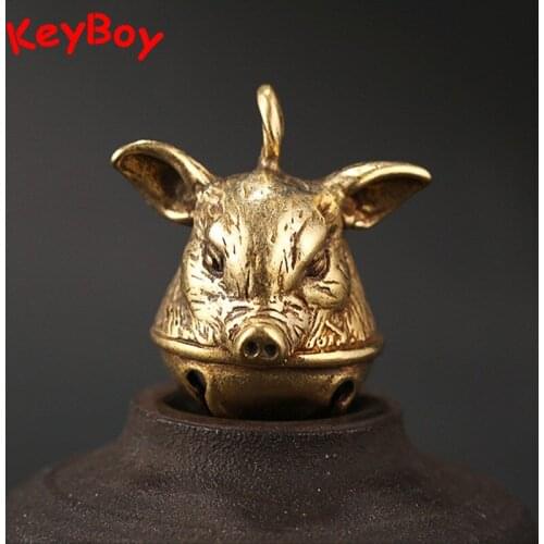 Vintage Copper Zodiac Pig Bell Pendants DIY Keychain Accessories Brass Boar Head Bell Car Keyring Hanging Jewelry Key Chain Gift
