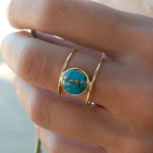 Vintage Natural Blue Turquoises Rings for Women Antique SilverColor Titanium Double Layer Girl Finger Ring Jewelry