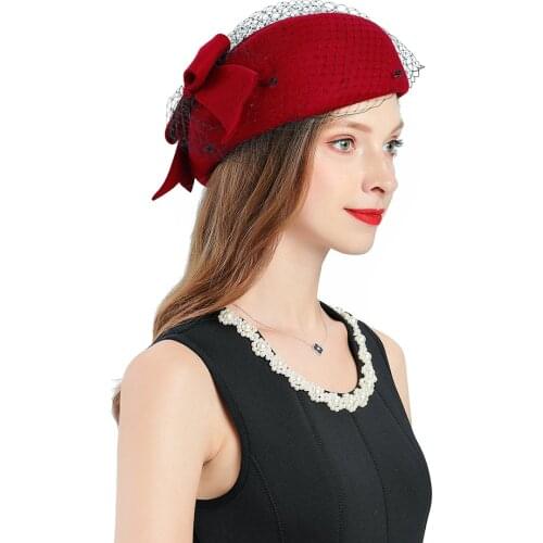 Fashion Fascinators Hat For Women Elegant Fedoras Cap Red Church Hat Wool Bow-knot Mesh Headpiece Lady Wedding Party Womens Hat