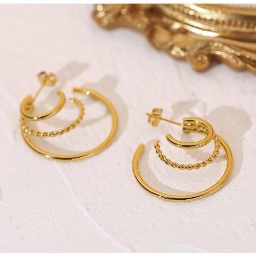 Three Layer CC Shape Twist Open Design Hoop Earrings For Women 18K Gold Plated Stainless Steel Circle Earrings Jewelry
