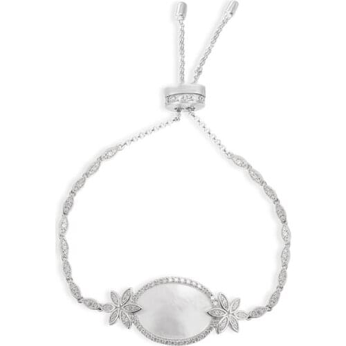 SLJELY Fashion Real 925 Sterling Silver Mother of Pearl Floral Adjustable Bracelet Paved Cubic Zirconia Stones Women Jewelry