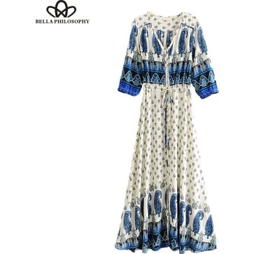 Boho Chic Summer Vintage Paisley Print Pleated Long Shirt Dress Women 2019 V Neck Buttons Maxi Beach Dresses Vestidos Mujer