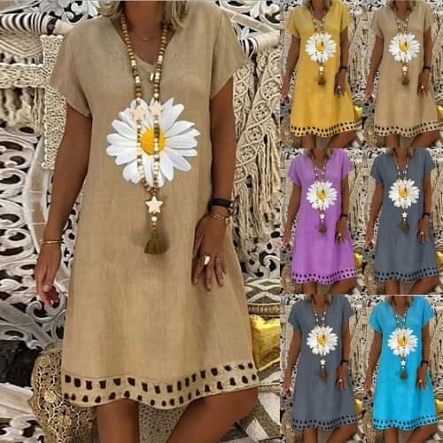 #H40 Sunflower Print Cotton Linen Dress Women Short Sleeves V-Neck Casual Summer Dress Daisy Print Plus Size Mini Dresses Women