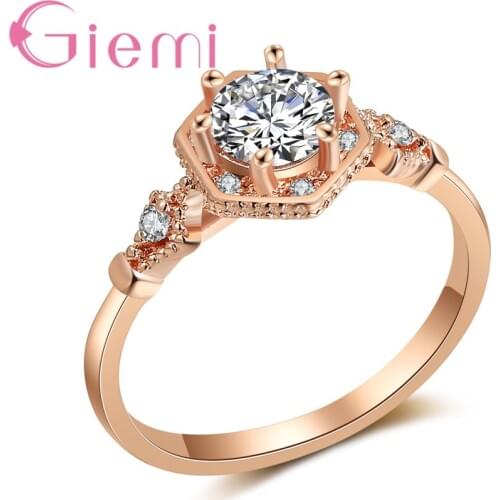 High Quaility Pretty Hexagon Design Claw Setting Sparking Round Zircon Thin For Woman Party Accessories Rose Gold Ring