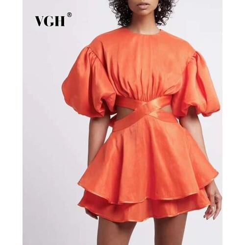 VGH Sexy Mini Solid Dress For Women O Neck Lantern Sleeve High Waist Hollow Out Dresses Female Fashion New Clothing 2021 Style
