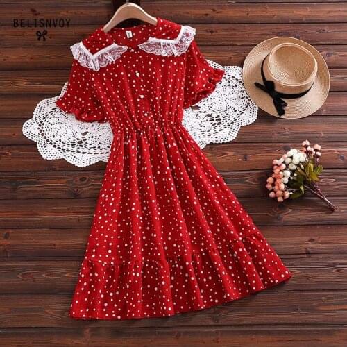 Mori Girl Women Dress Peter Pan Collar Lace Patchwork Polka Dot Printed Elegant Dress Preppy Style Chiffon Ruffles Female Dress