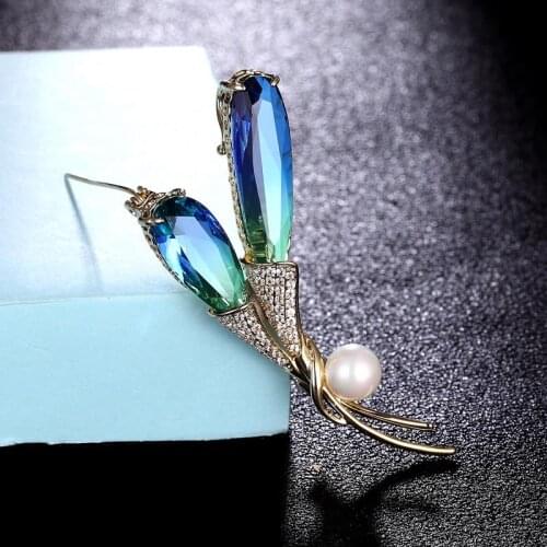 Zlxgirl copper Blue with green cubic zircon Brooches Mens Wedding Party Jewelry gold copper Hijab Pins Clothes Suit Accessories