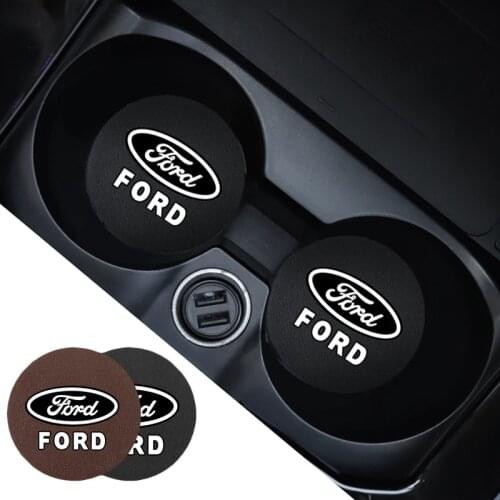 2Pcs PU Leather Car Cup Mat Auto Emblem Non-Slip Cup Slot Pad For Ford Focus Ranger Fusion Mondeo Fiesta Kuga Mustang Everest