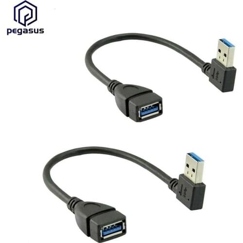 2 Pieces 20cm USB 3.0 Male to Female Extension Data Cable Left and Right Angle