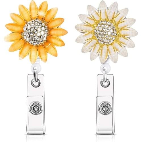 2 Pcs Crystal Rhinestone Sunflower Badge Reel Retractable Badge Clip for Decoration Supplies