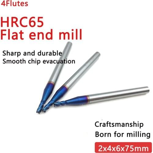 5PCS 2mm End Mill HRC65 4 Flute D2x6x4x50L Tungsten steel End Mills Straight Slim Shank nACo-Blue Coated Milling Cutter