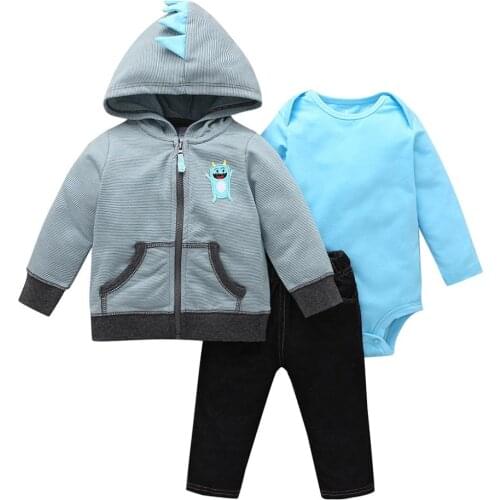 Cartered toddler Baby Boy Bodysuit Set 3pcs pack Hooded Long Sleeve Outwear+Short Sleeve Bodysuit+Pants 0-2T Baby Set