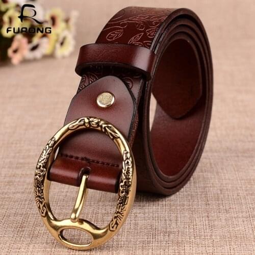 FURONG Vintage Women Belt Real Cow Leather Waist Belt With Vintage Pattern Design Pink Buckle Female Genuine Leather Belt
