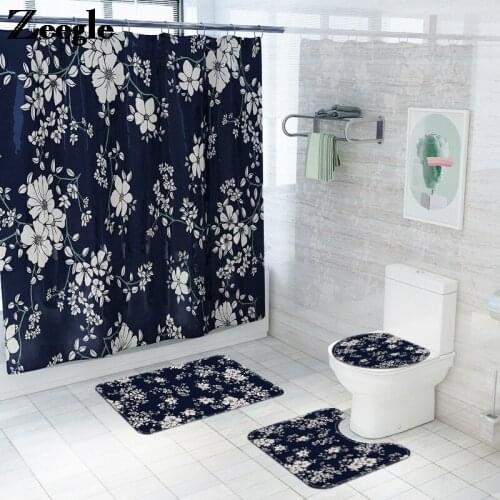 Country Style Bathroom Carpet Rug Floral Printing Shower Curtain and Bath Mat Set Toilet Seat Cover Mat Non-slip Foot Mat