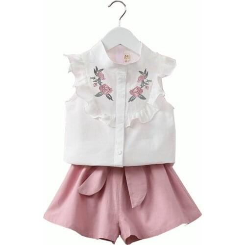 Dulce Amor Girls Clothing Set Summer 2pcs Kids Clothes For Girls Embroidery Floral Sleeveless T-shirt+Shorts Girls Suit Outfits