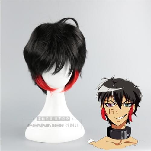 Short Black Red Mix Layered Synthetic Hair Detentionhouse Nanbaka Jyugo No.15 No.25 Niko NO.69 Rock Cosplay Wig+Wig Cap