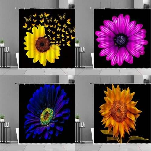 Summer Sunflower Shower Curtains Yellow Purple Blue Floral Plant Butterfly Black Backdrop Bathroom Curtain Color Art Home Decor