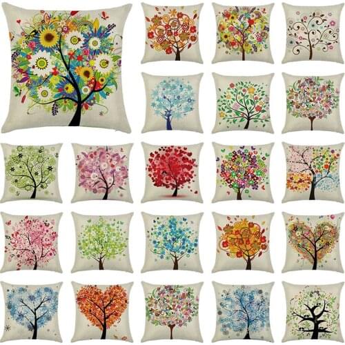 Floral Leaf Cushion Cover 45X45 Cotton Linen Love Tree Decorative Throw Pillows Color Print Pillowcase Sofa Cushions Home Decor