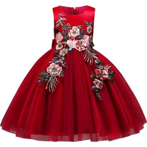 New Year Red Childrens Wear Girls Christmas Embroidered Applique Sequins Princess Dress Childrens Party Dance Costume
