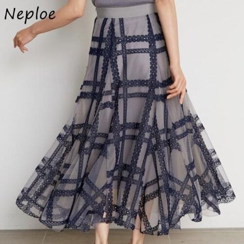 Neploe 2021 Autumn New Women Faldas High Waist Contrast Color Mid Calf Plaid Lace Ball Grown Skirt Japanese Kawaii Jupe