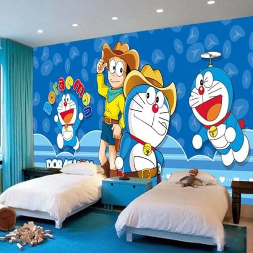 Custom Photo Green Wallpaper Children Room Boy Princess Room Doraemon Wallpaper Blue Theme Room Animation Machine Cat