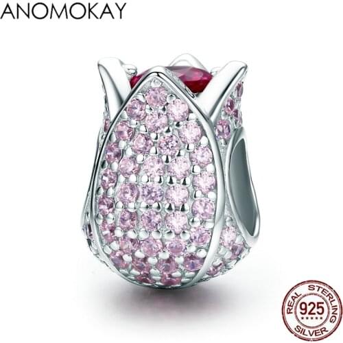 Romantic 925 Sterling Silver Tulip Petal Flower Pink CZ Beads fit Women Lovers Bracelet & Necklaces S925 Plant DIY Jewelry Gift