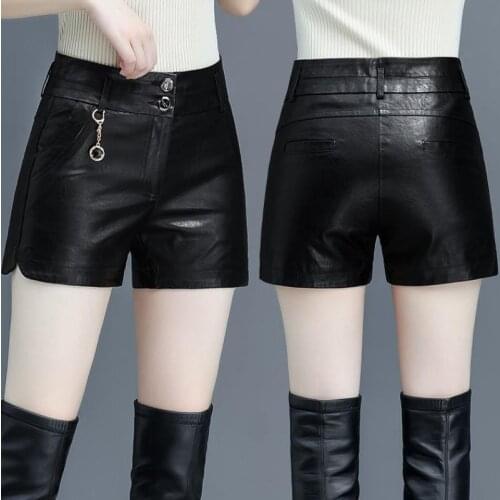 Shorts Women Large Size High Waist PU Leather Shorts Womens Black Straight Autumn And Winter Leather Pants Ropa Mujer