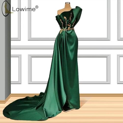 2020 Mermaid Dark Green Evening Dresses with Gold Applique Simple Ruched Evening Gowns Longue Robes Abendkleider Formal Dress
