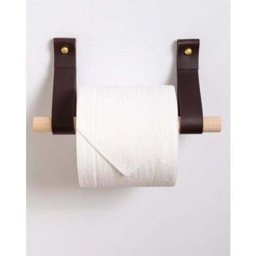 Dark Coffee Leather Stripe Wood Toilet Roll Holder