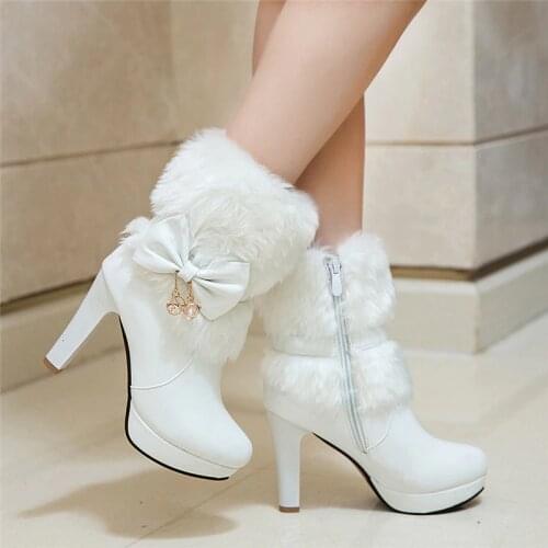 YMECHIC Womens Winter Fashion 2019 High Heel Boots Pink White Black Fur Tassel Bowtie Lovely Lolita Ladies Party Wedding Shoes