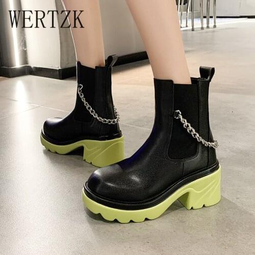 QYPZD Womens Boots Square Heel Shallow Punk Female Shoes Slip-on Round Toe Platform Chain Decoration Office Ladies Boot
