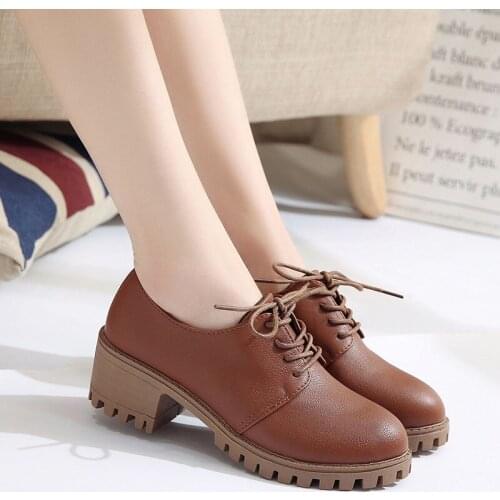 LIHUAMAO women square heel shoes lace up round toe platform ladies dress shoes party office career outdoor walking shoes sneaker