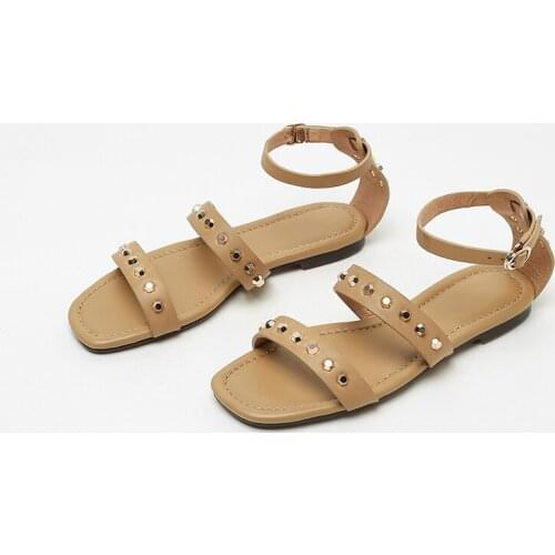 EGTPINAOP Summer Sandals Womens2021Genuine Cow Leather Flat Shoes With Strap Roman Sandals Rivet Decoration Outdoor Casual