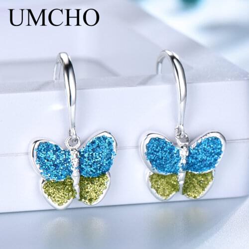 UMCHO 100% Real 925 Sterling Silver Drop Earrings Colorful Butterfly Silver Earrings For Women Elegant Gift Fine Jewelry