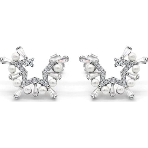 Pearl Stud Earrings 925 Sterling Silver Freshwater Pearl Half Star Zircon for Women Wedding Engagement Valentines Day Gift