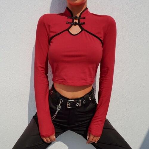 Cut Out Tee Shirt Streetwear Autumn 2021 Long Sleeve Female Tops Chinese Style Tops Women 2021 Slim Sexy Crop Top Female 12068